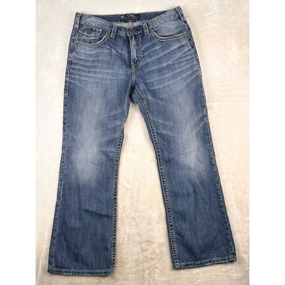 Silver Jeans Mens 34x30 Craig Bootcut Light Wash Denim Distressed Medium Wash - Picture 1 of 8